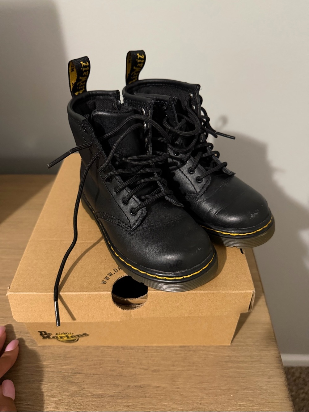 Dr. Marten Black Leather Lace-Up Boots with Yellow Stitching